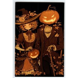 Vintage Halloween Pumpkin Head Couple Photochrome Postcard 5.5x4"